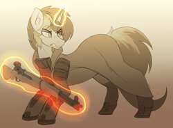 Size: 3396x2496 | Tagged: safe, artist:czu, oc, oc only, oc:moonshine, pony, unicorn, armor, boots, duster, fallout, fallout: new vegas, female, gradient background, gun, high res, levitation, m1 garand, magic, rifle, riot gear, shoes, sketch, solo, telekinesis, weapon