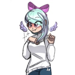 Size: 2000x2000 | Tagged: safe, artist:shori06, flitter, human, g4, blushing, bow, closed mouth, clothes, cute, denim, eye clipping through hair, eyebrows, eyebrows visible through hair, female, flitterbetes, floating wings, hair bow, high res, humanized, jeans, light skin, pants, simple background, solo, sweater, white background, winged humanization, wings