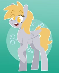 Size: 1674x2067 | Tagged: safe, artist:wintersleptart, derpy hooves, pegasus, pony, g4, bubble, cutie mark background, female, gradient background, lineless, mare, missing cutie mark, open mouth, open smile, raised hoof, smiling, solo