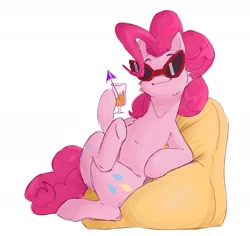 Size: 1654x1560 | Tagged: safe, artist:wintersleptart, pinkie pie, earth pony, pony, g4, alcohol, beanbag chair, cocktail, drink, female, hoof hold, looking at you, lying down, mare, on side, simple background, sitting, smiling, solo, sunglasses, white background