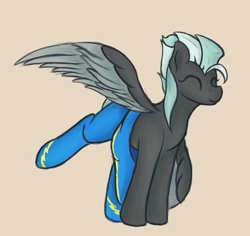 Size: 1388x1312 | Tagged: source needed, safe, artist:ahorseofcourse, thunderlane, pegasus, pony, g4, beige background, clothes, cute, eyes closed, lightningroad, partially undressed, rule 63, simple background, smiling, solo, spread wings, undressing, uniform, wings, wonderbolts uniform