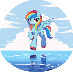 Size: 1096x1080 | Tagged: safe, ai assisted, ai content, generator:nijijourney, prompter:catachromatic, rainbow dash, pegasus, pony, g4, alternate design, blue sky, chest fluff, cloud, colored hooves, female, flying, mare, outdoors, reflection, reflection in water, solo, unshorn fetlocks, vignette, water