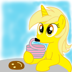 Size: 1000x1000 | Tagged: safe, artist:madmax, artist:princessdaisyoficial, edit, pony, unicorn, g4, blue background, bread, cyan background, drink, drinking, female, food, hoof hold, laa-laa, mare, ponified, rule 85, simple background, sitting, solo, table, teletubbies, toast, tubby toast