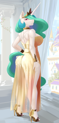 Size: 2262x4704 | Tagged: safe, alternate version, artist:kelkessel, princess celestia, anthro, g4, beautisexy, big breasts, breasts, busty princess celestia, cake, cakelestia, canterlot, clothes, detailed background, dress, ethereal mane, female, food, high heels, horn, huge breasts, implied tail hole, jewelry, looking back, praise the sun, regalia, shoes, side slit, smiling, solo, tail, total sideslit, wingless