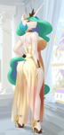 Size: 2262x4704 | Tagged: safe, alternate version, artist:kelkessel, princess celestia, anthro, beautisexy, big breasts, breasts, busty princess celestia, canterlot, clothes, detailed background, dress, ethereal mane, female, horn, huge breasts, jewelry, looking back, regalia, side slit, smiling, solo, wingless