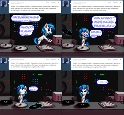 Size: 1602x1488 | Tagged: safe, artist:esuka, dj pon-3, vinyl scratch, pony, ask-canterlot-musicians, g4, solo, turntable