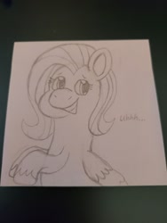 Size: 640x853 | Tagged: safe, artist:mintwhistle, fluttershy, pegasus, pony, g4, description is relevant, doodle, female, folded wings, grin, mare, nervous, nervous smile, sketch, smiling, solo, sticky note, three quarter view, traditional art, uhhh, unshorn fetlocks, wings