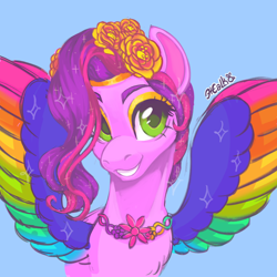 Size: 2000x2000 | Tagged: safe, artist:ariamidnighters, pipp petals, pegasus, pony, bridlewoodstock (make your mark), g5, my little pony: make your mark, my little pony: make your mark chapter 4, spoiler:g5, spoiler:my little pony: make your mark, spoiler:my little pony: make your mark chapter 4, spoiler:mymc04e01, blue background, colored wings, eyeshadow, female, grin, hair over one eye, high res, jewelry, makeup, mare, multicolored wings, necklace, rainbow wings, signature, simple background, smiling, solo, spread wings, wings