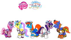 Size: 1920x1080 | Tagged: safe, artist:omegaridersangou, bubble balloon, kimono, lancer, starsong, waterfire, earth pony, pony, g1, g3, g4, my little pony tales, anime, clothes, clothes swap, cosplay, costume, cure butterfly, cure majesty, cure prism, cure sky, cure wing, female, g1 to g4, g3 to g4, generation leap, hirogaru sky precure, male, mare, precure, pretty cure, simple background, together, uniform, white background
