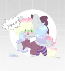 Size: 773x853 | Tagged: safe, artist:fluffyfox156, oc, oc only, oc:blazey sketch, pegasus, pony, bow, chibi, clothes, gray fur, hair bow, multicolored hair, pegasus oc, simple background, smol, socks, solo, striped socks, sweater