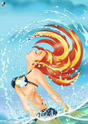 Size: 1000x1414 | Tagged: safe, artist:lord--opal, sunset shimmer, human, equestria girls, g4, adam's apple, ass, bikini, breasts, busty sunset shimmer, butt, clothes, eyes closed, female, hair flip, humanized, long hair, ocean, open mouth, partially submerged, reference, ribcage, side view, signature, sky, slender, solo, stupid sexy sunset shimmer, swimsuit, the little mermaid, thin, water, wet