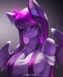 Size: 1747x2109 | Tagged: safe, artist:aurelyaart, twilight sparkle, alicorn, anthro, g4, bare shoulders, big breasts, breasts, bust, busty twilight sparkle, cleavage, clothes, ear fluff, female, glowing, glowing horn, horn, jewelry, looking at you, mare, necklace, off shoulder, portrait, solo, twilight sparkle (alicorn), wings