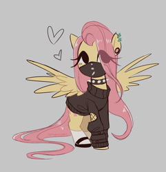 Size: 1946x2017 | Tagged: safe, artist:syrupyyy, fluttershy, pegasus, pony, g4, bandana, blushing, choker, clothes, cute, ear piercing, earring, edgy, female, fishnet clothing, flats, gray background, heart, jewelry, looking at you, mare, piercing, shoes, shyabetes, simple background, socks, solo, spiked choker, spread wings, stockings, sweater, sweatershy, thigh highs, wings