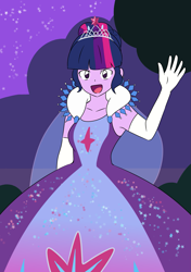 Size: 1405x2000 | Tagged: safe, artist:daichigatari, twilight sparkle, human, equestria girls, g4, clothes, crown, cute, cutie mark on clothes, dress, evening gloves, eyebrows, female, garden, gloves, gown, jewelry, long gloves, looking at you, open mouth, open smile, princess, princess costume, regalia, simple background, smiling, solo, starry night, twiabetes, waving, waving at you