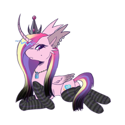 Size: 1109x1109 | Tagged: safe, artist:7redteeths, princess cadance, alicorn, pony, g4, cheek piercing, clothes, crown, curved horn, ear piercing, earring, eyeshadow, female, folded wings, horn, jewelry, lidded eyes, lip piercing, lock, makeup, mare, necklace, piercing, regalia, simple background, snake bites, socks, solo, striped socks, tail, transparent background, wings