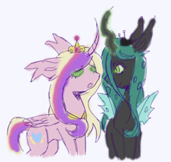 Size: 1105x1046 | Tagged: safe, artist:7redteeths, princess cadance, queen chrysalis, alicorn, changeling, changeling queen, pony, g4, crown, curved horn, duo, duo female, female, folded wings, glowing, glowing horn, horn, jewelry, lidded eyes, mare, mind control, open mouth, peytral, regalia, simple background, spread wings, swirly eyes, tail, wings