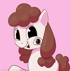 Size: 600x600 | Tagged: safe, artist:catachromatic, oc, oc only, oc:creepy peepers, earth pony, pony, g4, adoracreepy, cel shading, colored, creepy, cute, drawthread, eyes do not belong there, female, looking at you, mare, multiple eyes, ocbetes, open mouth, open smile, overlay layer, pink background, shading, signature, simple background, smiling, smiling at you, solo, wat