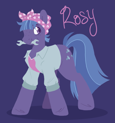 Size: 1139x1211 | Tagged: safe, artist:glowfangs, rosy riveter, earth pony, pony, g4, bandana, clothes, mccolt family, mouth hold, purple background, shirt, simple background, solo, wrench