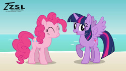 Size: 750x421 | Tagged: safe, artist:zslnews, pinkie pie, twilight sparkle, alicorn, earth pony, pony, g4, ^^, beach, duo, duo female, eyes closed, female, looking at you, mare, open mouth, spread wings, twilight sparkle (alicorn), water, wings