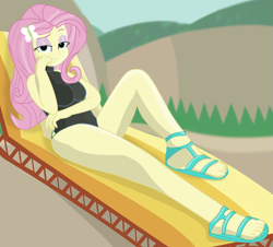 Size: 2553x2305 | Tagged: safe, alternate version, artist:grapefruitface1, edit, fluttershy, human, equestria girls, equestria girls series, g4, beach, beach chair, bored, chair, clothes, feet, fluttershy's beach shorts swimsuit, fluttershy's one-piece swimsuit, high res, looking at you, one-piece swimsuit, relaxing, sandals, show accurate, sitting, solo, stupid sexy fluttershy, swimsuit, swimsuit edit