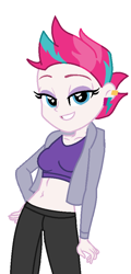 Size: 446x932 | Tagged: safe, artist:robertsonskywa1, zipp storm, human, equestria girls, g4, g5, belly button, breasts, clothes, equestria girls-ified, female, g5 to equestria girls, g5 to g4, generation leap, hand on hip, leggings, photo, simple background, smiling, solo, sports bra, sports outfit, stupid sexy zipp storm, white background