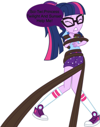 Size: 1610x2052 | Tagged: safe, artist:uponia, edit, sci-twi, twilight sparkle, human, equestria girls, g4, my little pony equestria girls: legend of everfree, clothes, converse, eyes closed, female, glasses, help me, shoes, shorts, simple background, sneakers, socks, solo, speech bubble, struggling, transparent background, vector