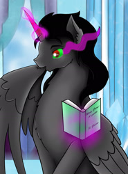 Size: 1600x2159 | Tagged: safe, artist:pixel-spark, king sombra, alicorn, pony, fanfic:from darkness to light, g4, alicornified, alternate universe, book, colored horn, crystal castle, crystal empire, dark magic, fanfic art, glowing, glowing eyes, glowing horn, grooming, guidebook, horn, magic, preening, race swap, solo, sombra eyes, sombra horn, sombracorn, wings