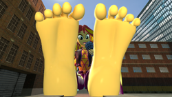 Size: 3840x2160 | Tagged: safe, artist:giantfemboiz, sunset shimmer, human, equestria girls, equestria girls specials, g4, my little pony equestria girls: better together, my little pony equestria girls: sunset's backstage pass, 3d, barefoot, feet, female, fetish, foot fetish, giantess, gmod, high res, macro, microphone, scrunching toes, singing, soles, solo, toes