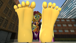 Size: 3840x2160 | Tagged: safe, artist:giantfemboiz, sunset shimmer, human, equestria girls, equestria girls specials, g4, my little pony equestria girls: better together, my little pony equestria girls: sunset's backstage pass, 3d, barefoot, electric guitar, feet, female, fetish, flying v, foot fetish, giantess, gmod, guitar, high res, macro, musical instrument, scrunching toes, solo, source filmmaker, toes