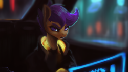 Size: 1920x1080 | Tagged: safe, artist:hierozaki, scootaloo, pegasus, pony, g4, clothes, cyberpunk 2077, female, jacket, looking at you, mare, older, older scootaloo, open mouth, solo