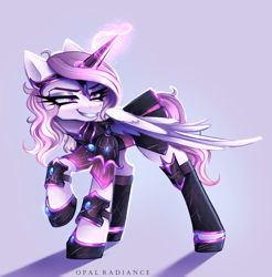 Size: 2800x2840 | Tagged: safe, artist:opal_radiance, oc, oc only, oc:iron glamour, pegasus, pony, armor, artificial horn, eyebrows, female, grin, high res, mare, partially open wings, pegasus oc, raised hoof, shadow, signature, simple background, smiling, smug, solo, white background, wings