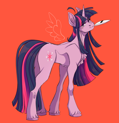 Size: 3353x3469 | Tagged: safe, artist:1an1, twilight sparkle, pony, unicorn, g4, chest fluff, concave belly, female, high res, hooves, mare, mouth hold, red background, simple background, slender, solo, sternocleidomastoid, thin, unicorn twilight, unshorn fetlocks