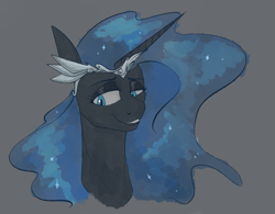Size: 1281x997 | Tagged: safe, artist:stray prey, nightmare moon, alicorn, pony, g4, armor, blue eyes, blue mane, bust, ethereal mane, female, gray background, horn guard (armor), mare, portrait, simple background, smiling, smirk, solo, starry mane