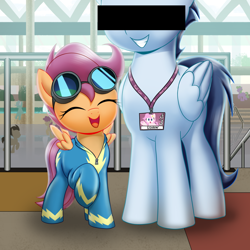 Size: 1440x1440 | Tagged: safe, artist:horsepen, part of a set, scootaloo, soarin', pegasus, pony, art pack:fillycon, g4, age difference, baltimore convention center, censor bar, censored, clothes, convention, cosplay, costume, explicit source, female, filly, foal, goggles, goggles on head, lanyard, male, stallion, uniform, wonderbolts uniform