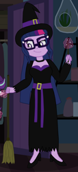 Size: 1603x3526 | Tagged: safe, artist:robukun, edit, sci-twi, twilight sparkle, human, equestria girls, g4, clothes, cropped, dress, halloween, hat, holiday, long dress, long skirt, skirt, solo, witch, witch hat