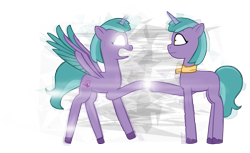 Size: 2437x1489 | Tagged: safe, artist:equestriaexploration, periwinkle pi, shiny sparks, alicorn, pony, unicorn, g5, my little pony: tell your tale, alicornified, duality, female, glowing, glowing eyes, mare, race swap, simple background, sparksicorn, transparent background