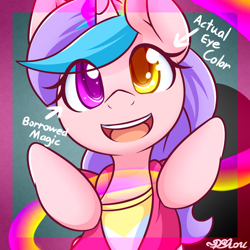 Size: 2000x2000 | Tagged: safe, artist:dshou, oc, oc only, oc:dewdrop, pony, unicorn, bust, clothes, english, heterochromia, high res, horn, looking at you, magic, open mouth, solo, unicorn oc