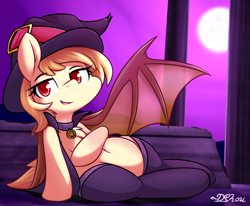 Size: 1750x1440 | Tagged: safe, artist:dshou, oc, oc only, bat pony, pony, belly button, chest fluff, choker, clothes, commission, female, full moon, hat, looking at you, lying down, mare, moon, socks, solo, thigh highs, witch hat