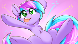 Size: 1920x1080 | Tagged: safe, artist:dshou, oc, oc only, oc:trilly taffy, earth pony, pony, chest fluff, clothes, commission, irrational exuberance, jumpsuit, open mouth, open smile, smiling, solo, underhoof