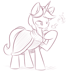 Size: 2000x2000 | Tagged: safe, artist:dshou, oc, oc only, pony, unicorn, cloak, clothes, commission, cup, drink, high res, hoof hold, monochrome, one eye closed, sketch, solo, tongue out