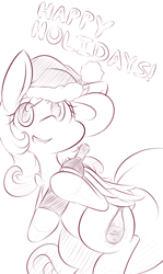 Size: 1250x2100 | Tagged: safe, artist:dshou, oc, oc only, pegasus, pony, bipedal, bottle, christmas, commission, happy holidays, hat, holding, holiday, looking at you, monochrome, open mouth, santa hat, sketch, smiling, solo, wine bottle