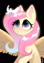 Size: 2480x3508 | Tagged: safe, artist:rrd-artist, fluttershy, bird, dove, pegasus, pony, g4, black background, blushing, cute, female, flower, grin, high res, looking up, mare, shyabetes, simple background, smiling, solo, spread wings, wings