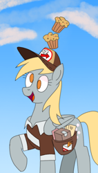 Size: 514x902 | Tagged: safe, artist:nonameorous, derpy hooves, pegasus, pony, g4, bag, box, cap, clothes, cloud, cross-eyed, food, hat, letter, mail, mailbag, mailmare, muffin, raised hoof, sky, solo, uniform