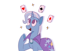 Size: 2000x1400 | Tagged: safe, artist:nonameorous, trixie, pony, unicorn, g4, cape, card, clothes, looking up, open mouth, playing card, raised hoof, simple background, smiling, solo, sparkles, teeth, trixie's cape, white background