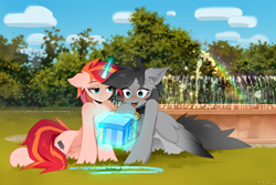 Size: 3000x2000 | Tagged: safe, artist:zlatavector, oc, oc only, oc:kainy, oc:linaxero, bat pony, pegasus, pony, unicorn, bat pony oc, bell, bell collar, blushing, collar, commission, duo, fangs, female, fountain, gift art, glowing, glowing horn, grass, happy, happy birthday, high res, horn, hybrid oc, looking at someone, looking at something, magic, mare, nature, park, present, rainbow, sitting, spread wings, wings