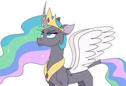 Size: 2400x1650 | Tagged: safe, artist:nonameorous, oleander (tfh), princess celestia, classical unicorn, pony, unicorn, them's fightin' herds, g4, celestia costume, clothes, community related, concave belly, costume, crown, fake wings, horn, jewelry, leonine tail, looking up, peytral, regalia, simple background, slender, solo, tail, tape, thin, transparent background, video at source