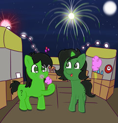 Size: 1155x1200 | Tagged: safe, artist:wanda, oc, oc only, oc:filly anon, earth pony, pony, carnival, cotton candy, female, filly, fireworks, foal, moon, night