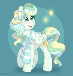 Size: 2082x2147 | Tagged: safe, artist:skysorbett, vapor trail, pegasus, pony, g4, clothes, cute, female, full body, high res, mare, open mouth, open smile, scarf, simple background, smiling, solo, sparkles, striped scarf, vaporbetes, wavy mane
