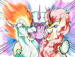 Size: 1600x1200 | Tagged: safe, artist:thurder2020, autumn blaze, opaline arcana, tianhuo (tfh), alicorn, dragon, hybrid, kirin, longma, pony, them's fightin' herds, g4, g5, community related, cross-popping veins, emanata, gritted teeth, horn, mane of fire, one of these things is not like the others, opaline arcana is not amused, open mouth, open smile, smiling, teeth, unamused, upset