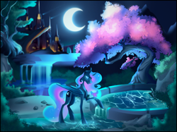 Size: 2732x2048 | Tagged: safe, artist:anekomori, princess luna, alicorn, butterfly, pony, g4, beautiful, blue eyes, castle, concave belly, crescent moon, crown, digital art, ethereal mane, ethereal tail, feather, female, flowing mane, flowing tail, folded wings, fountain, high res, horn, jewelry, large wings, long legs, mare, moon, moonlight, night, open mouth, raised hoof, regalia, rock, signature, slender, solo, starry mane, starry tail, tail, tall, teeth, thin, tree, water, waterfall, wings